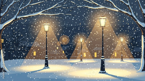 Snowy night scene with illuminated street lamps and houses in the background