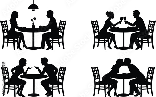Romantic dining silhouettes show couple conversation wine toast flirting and kissing restaurant date night black white vector illustration set collection