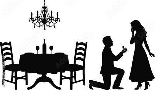 Romantic marriage proposal silhouette indoors, man kneeling offering ring to surprised woman elegant dining room chandelier black white vector illustration
