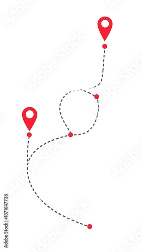 Red map markers on dotted path
