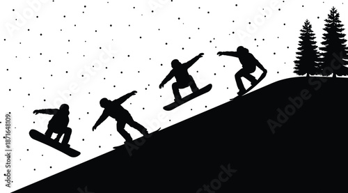 Snowboarding action silhouette sequence, snowboarder performing jumps downhill on snowy mountain slope winter extreme sport adventure black white vector illustration