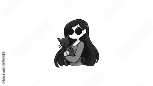 Monochrome cartoon illustration of a cute young person with long hair and sunglasses embracing a black cat.