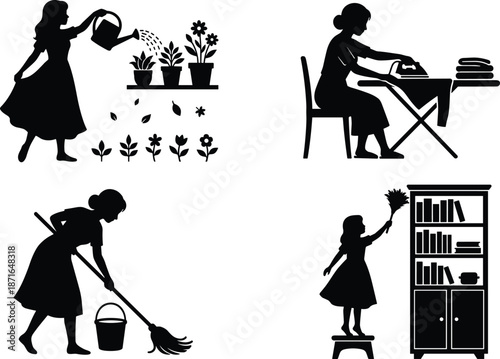 Woman household chore silhouettes set isolated on white background vintage domestic work cleaning gardening ironing black vector illustration design collection