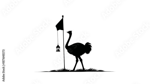 Elegant black silhouette of an ostrich standing next to a flagpole with a small lantern, minimalist graphic design element