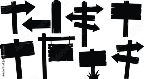 Wooden arrow sign silhouettes collection isolated on white background rustic direction boards vintage signage black vector illustration design set