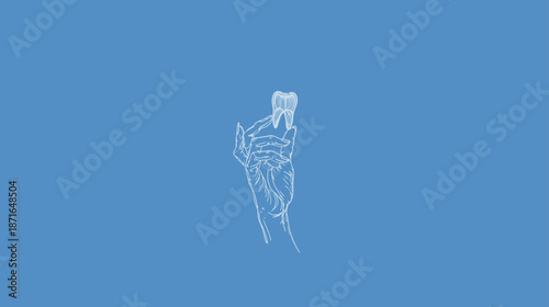 Minimalist Line Art Illustration of a Hand Gently Holding a Human Tooth on a Blue Background, Dental Care Concept