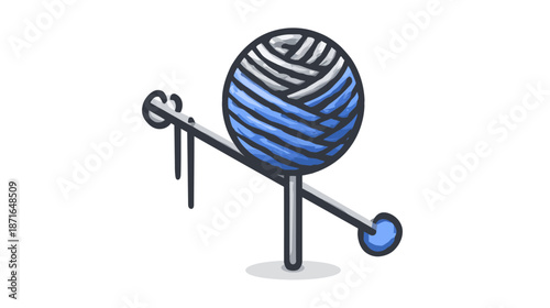 Blue yarn ball with knitting needles vector icon. Crafting and hobby illustration for handmade textiles, crochet, and creative projects.