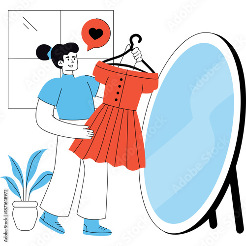 Woman Choosing Dress in Front of Mirror