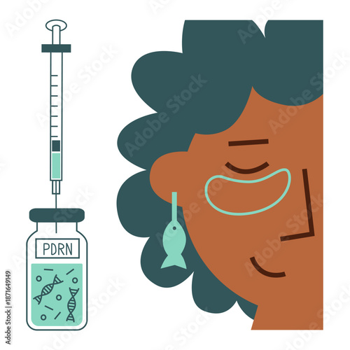 Woman face with syringe and PDRN serum ampoule. Salmon DNA non-invasive anti-aging Korean beauty treatment under eyes. Innovative aestetic medicine.