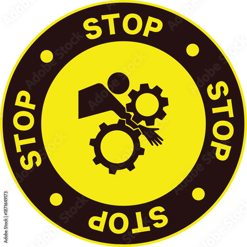 Warning sign: Stop operation, danger of crushing gears