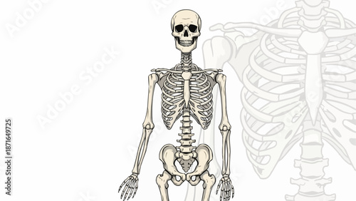 Anatomical illustration of a human skeleton standing upright.