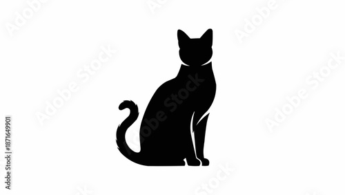 Black Cat Silhouette Sitting Gracefully Isolated on White Background.