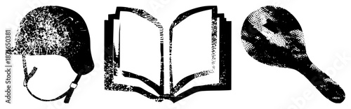 Vintage Military Helmet, Open Book, and Maraca Grunge Vector