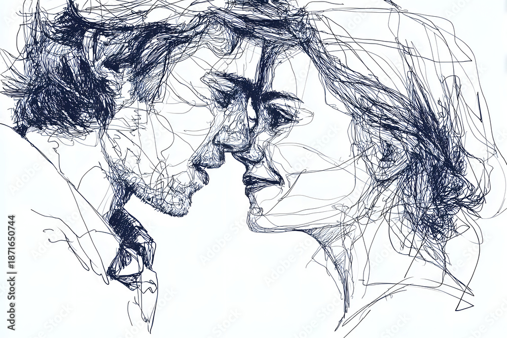 Fototapeta premium Portrait of happy сouple in continuous line art drawing style. Man in love put his arms around girlfriend. Love and friendship black linear sketch isolated on white background. Vector illustration