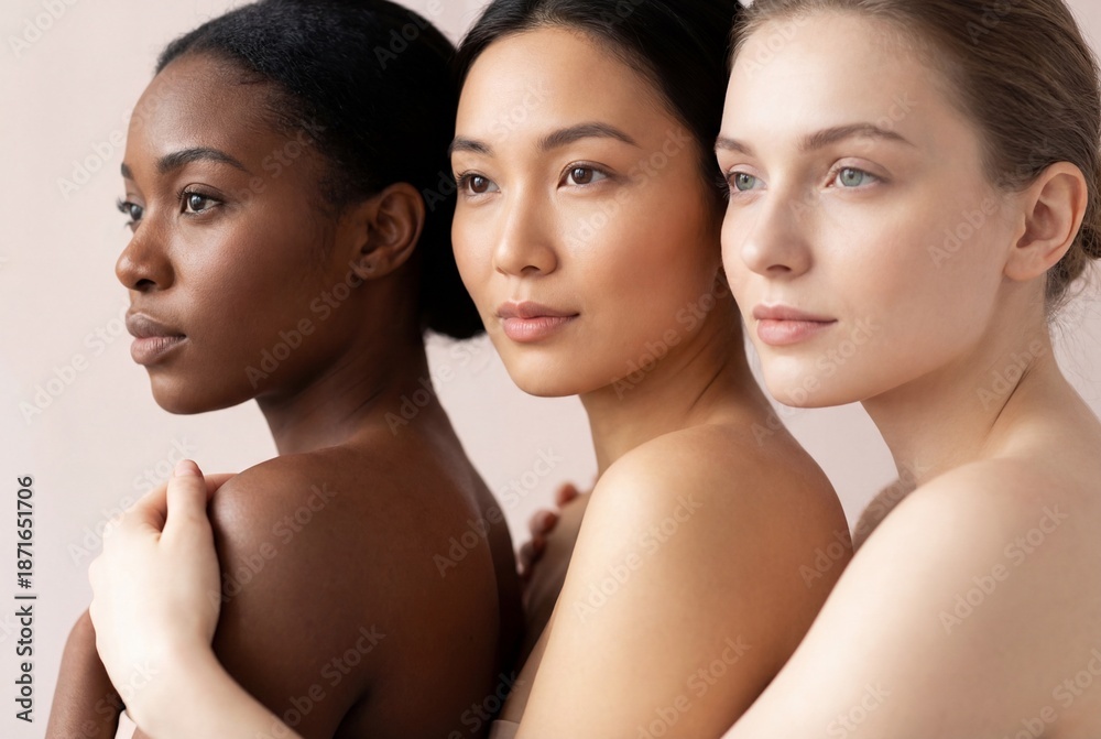 Fototapeta premium Three beautiful diverse women with glowing skin standing in a row side profile for skincare