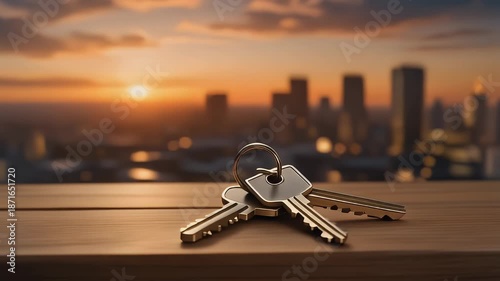 Golden Keys Sit On A Wooden Surface With A Cityscape Skyline At Sunset And Warm Orange Sky