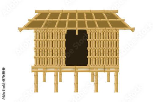Vector illustration of a traditional bamboo house on stilts with woven bamboo walls and bamboo roof. Isolated on white background.