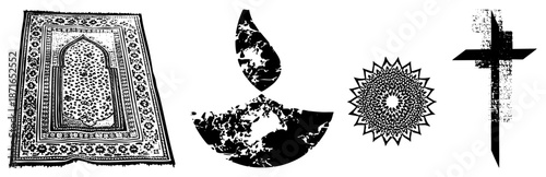 Islamic Prayer Rug, Diya Lamp, Mandala, and Symbols