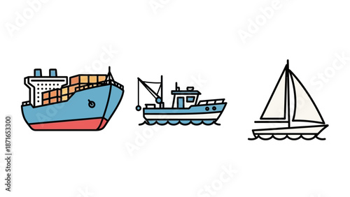 Set of Watercraft Icons: Cargo Ship, Fishing Boat, and Sailboat for Transport, Industry, and Recreation on Water