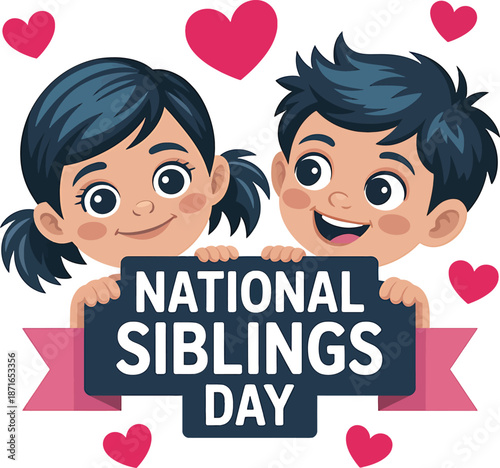 Happy cartoon siblings holding a sign for National Siblings Day with hearts brother sister