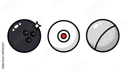 Stylized illustrations of various game balls, including a bowling ball, a target, and a racket sport ball, ideal for sports-themed designs.
