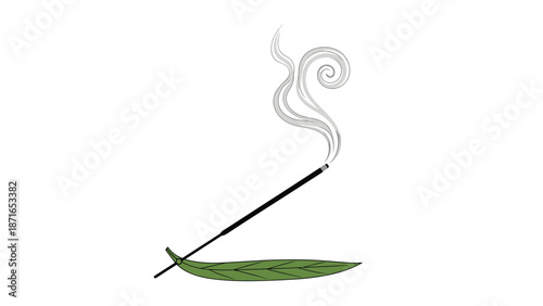 A minimalist illustration of a burning incense stick releasing swirling smoke, resting on a simple green leaf-shaped holder.