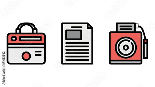 Essential Tools for Digital Media: Audio Player, Document, and Camera Icon Set