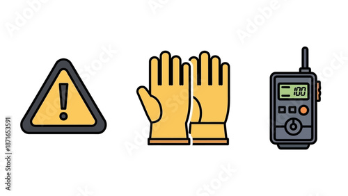 Graphic Elements Symbolizing Industrial Safety, Protection, and Two-Way Communication Tools for Workplace Environments