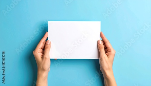 Hands holding blank white card on blue background, top view.