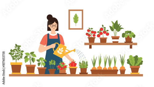 A charming illustration of a happy woman in an apron watering her indoor garden of potted vegetables and herbs at home.