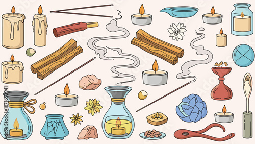 A large and detailed collection of hand-drawn aromatherapy and meditation items, including candles, incense, and essential oil diffusers.