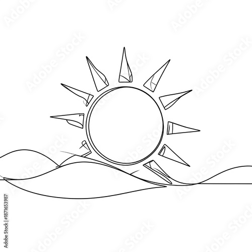 Single line drawing of sun over waves