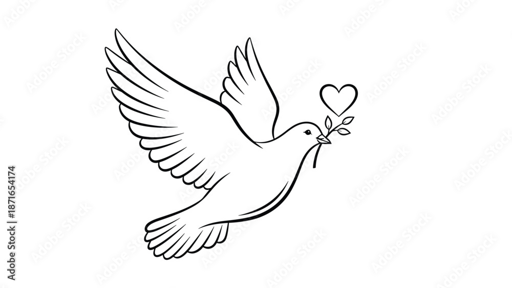 Obraz premium A beautiful and simple black and white line art drawing of a dove of peace flying with an olive branch that has a heart-shaped leaf.