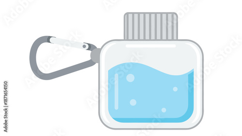 A flat design illustration of a small, portable bottle of hand sanitizer with a carabiner clip, for hygiene on the go.