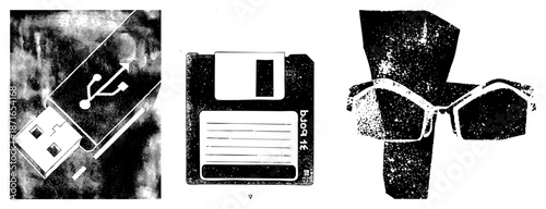 Vintage Tech USB Drive, Floppy Disk, and 3D Glasses in Halftone Vector