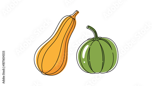 A simple and charming hand-drawn illustration of a butternut squash and a green kabocha squash with a sketchy black outline style.