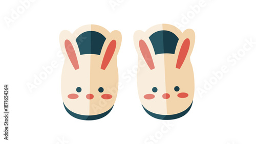 A pair of cute and cozy bunny slippers with adorable rabbit faces, illustrated in a simple and charming flat design style.