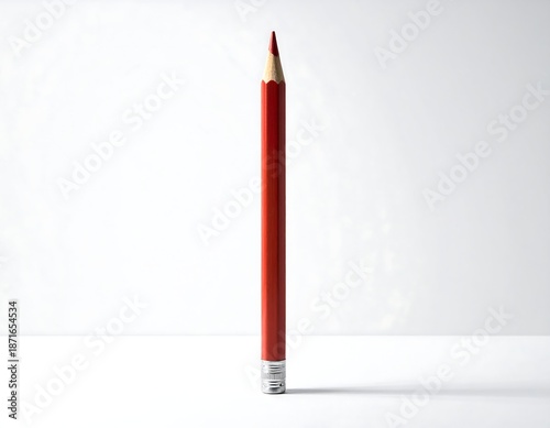 Single red pencil on white surface