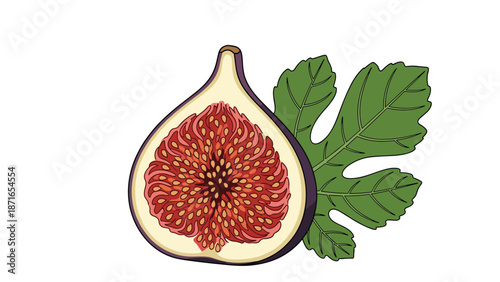 A detailed illustration of a ripe fig cut in half to show its vibrant seed pattern, accompanied by a fresh green fig leaf.