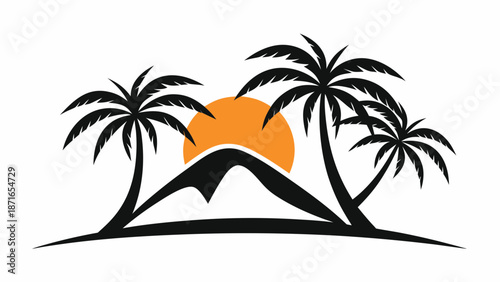 Tropical island getaway with palm trees at sunset