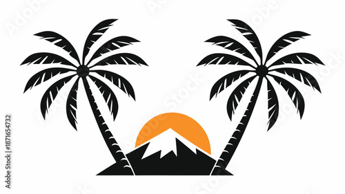 Serene tropical sunset with palm trees and mountain