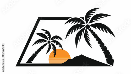 Tropical sunset with palm trees in modern geometric frame