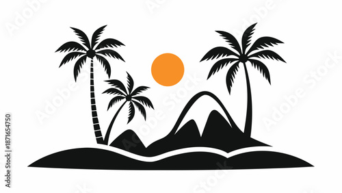 Tropical island landscape with palm trees at sunset