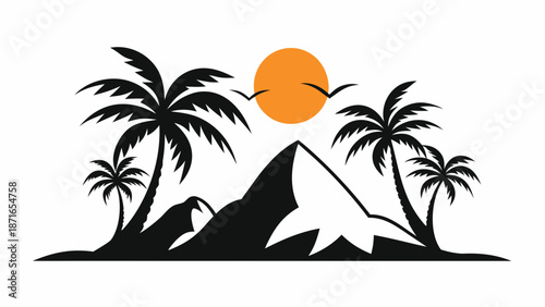 Tropical island getaway with palm trees and sunset