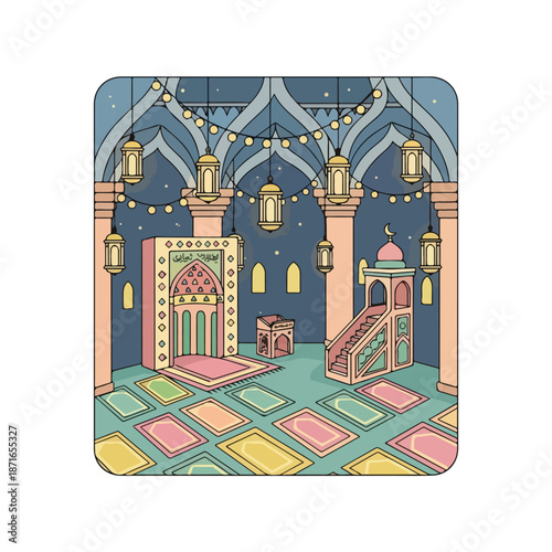 Islamic prayer room interior with colorful mats and lanterns