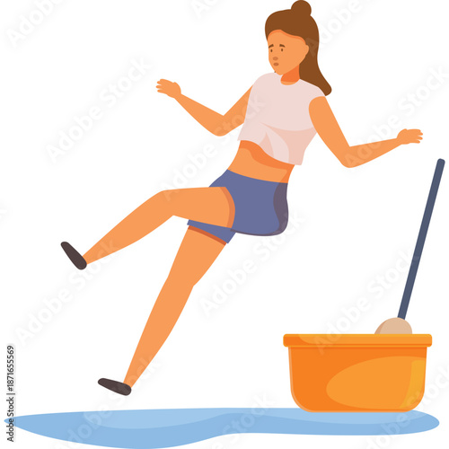 Woman slipping on wet floor with mop and bucket