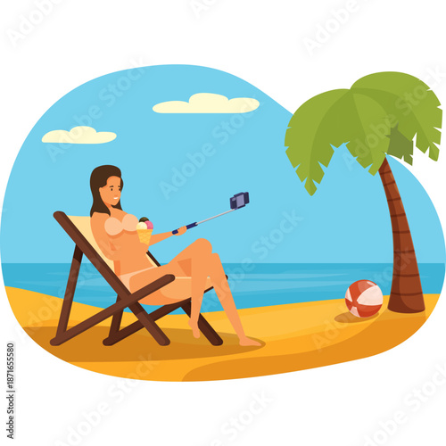 Woman taking a selfie on a beach chair with a palm tree and ocean