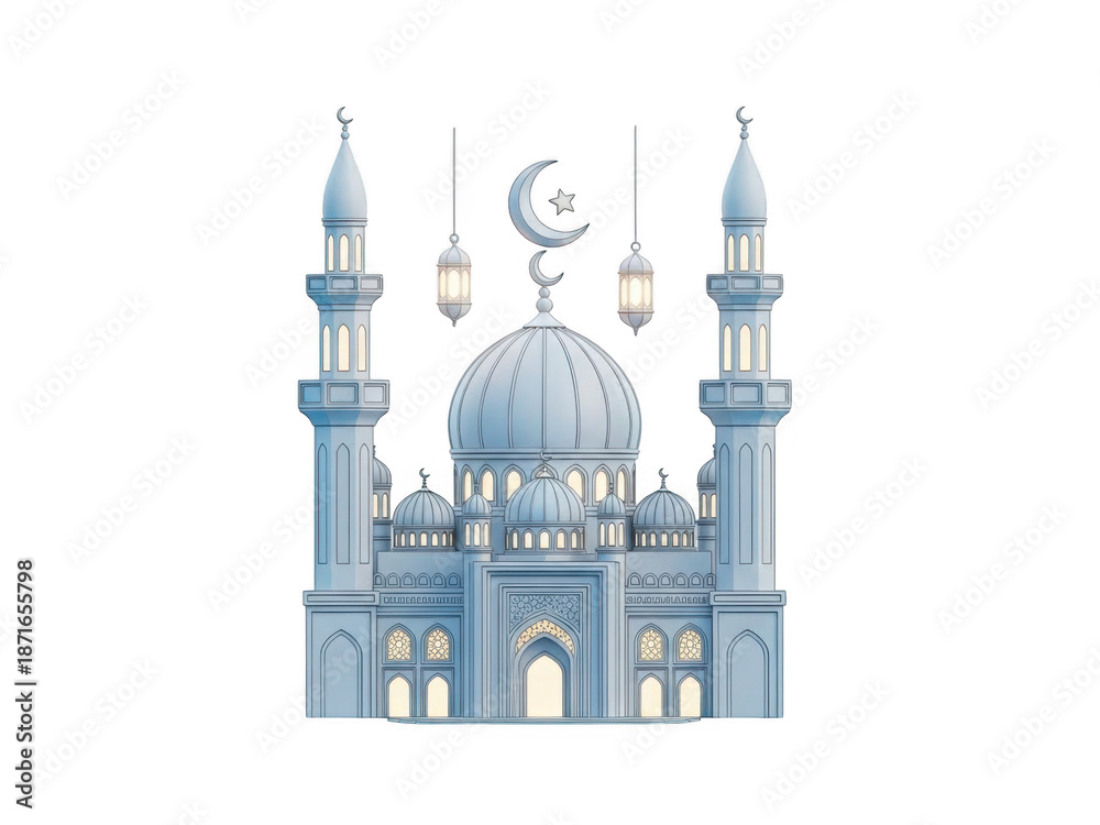 Obraz premium Illustrated mosque with crescent moon isolated on transparent background