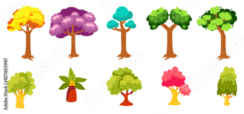 Tree Vector Illustration Collection Featuring Tropical and Orchard Trees with Mango, Apple, Banana, Orange, Coconut Palm and More Isolated on White Background, Colorful Tree Vector Illustration