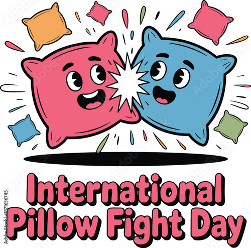 International Pillow Fight Day cartoon with two fighting pillows and confetti Keywords: pillow fight, international, day, celebration, fun, playful
